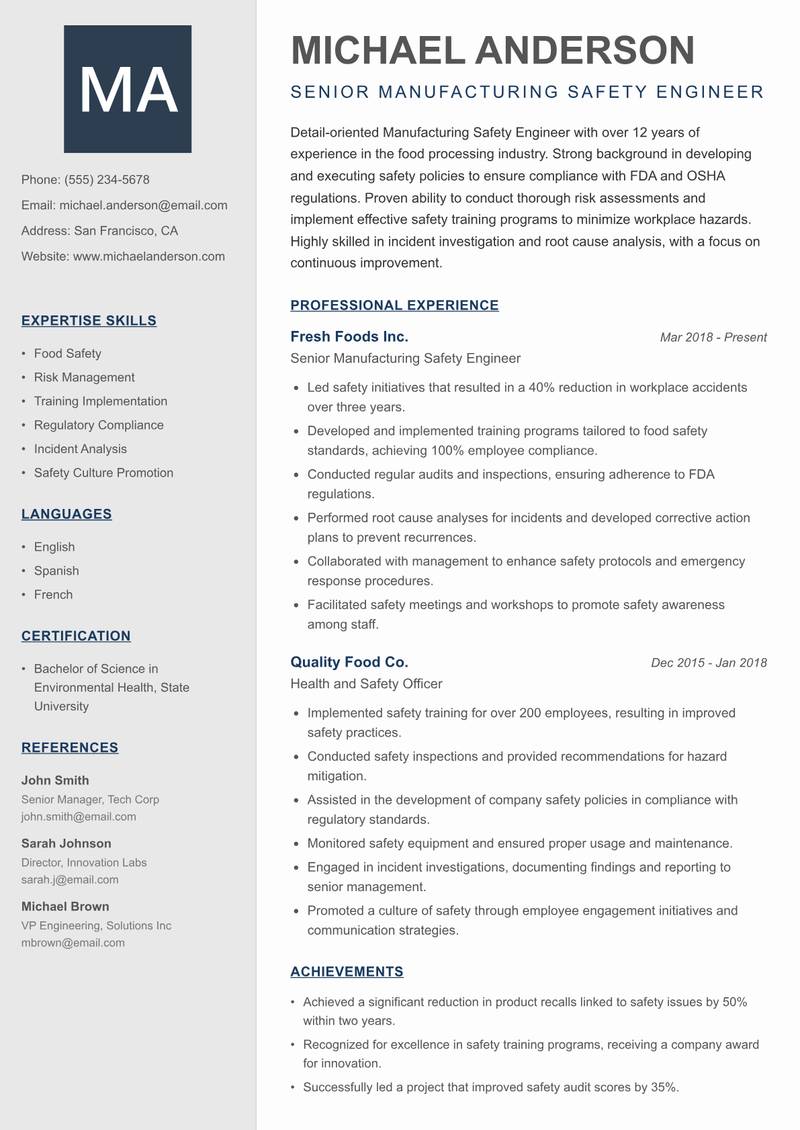 Manufacturing Safety Engineer resume template — Creative Minimal