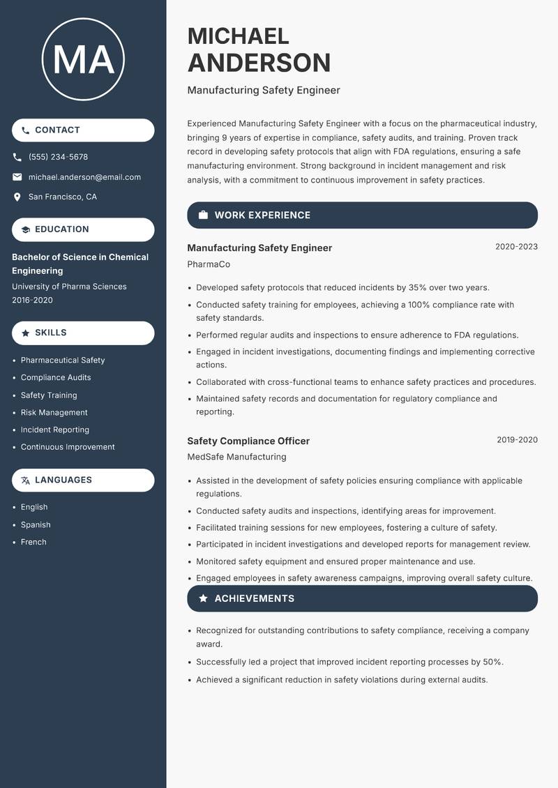 Manufacturing Safety Engineer resume template — Compact