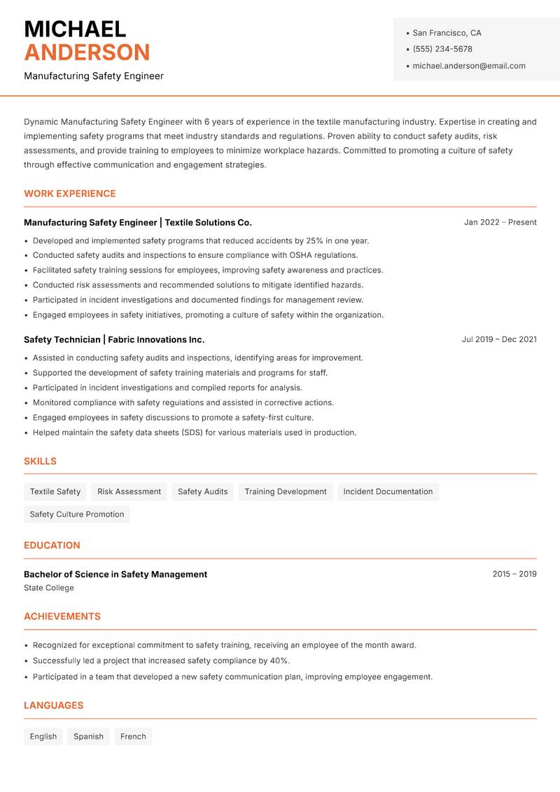 Manufacturing Safety Engineer resume template — Modern Professional