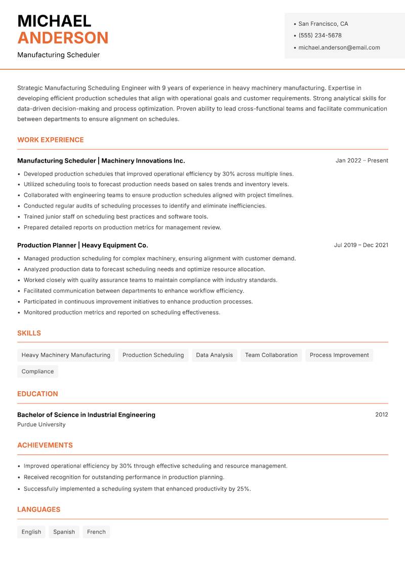 Manufacturing Scheduling Engineer resume template — Modern Professional
