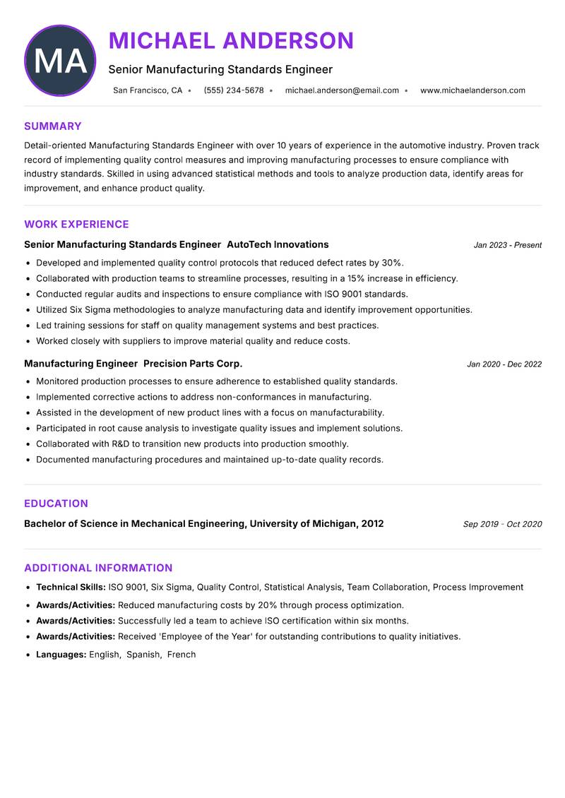Manufacturing Standards Engineer resume example — ATS-friendly template