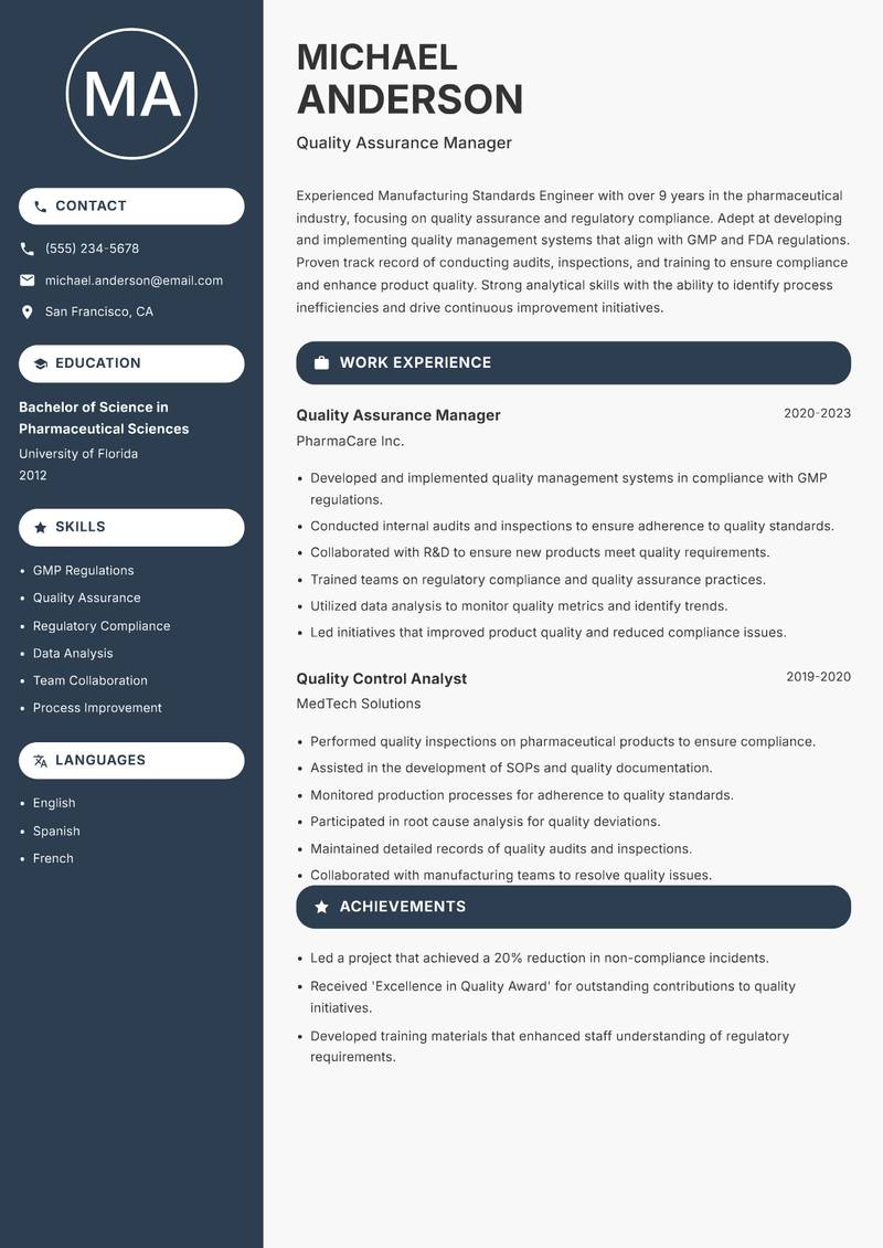 Manufacturing Standards Engineer resume template — Compact