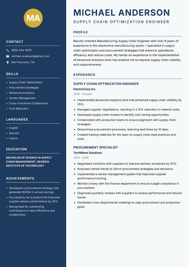 Manufacturing Supply Chain Engineer resume template — Classic Clean