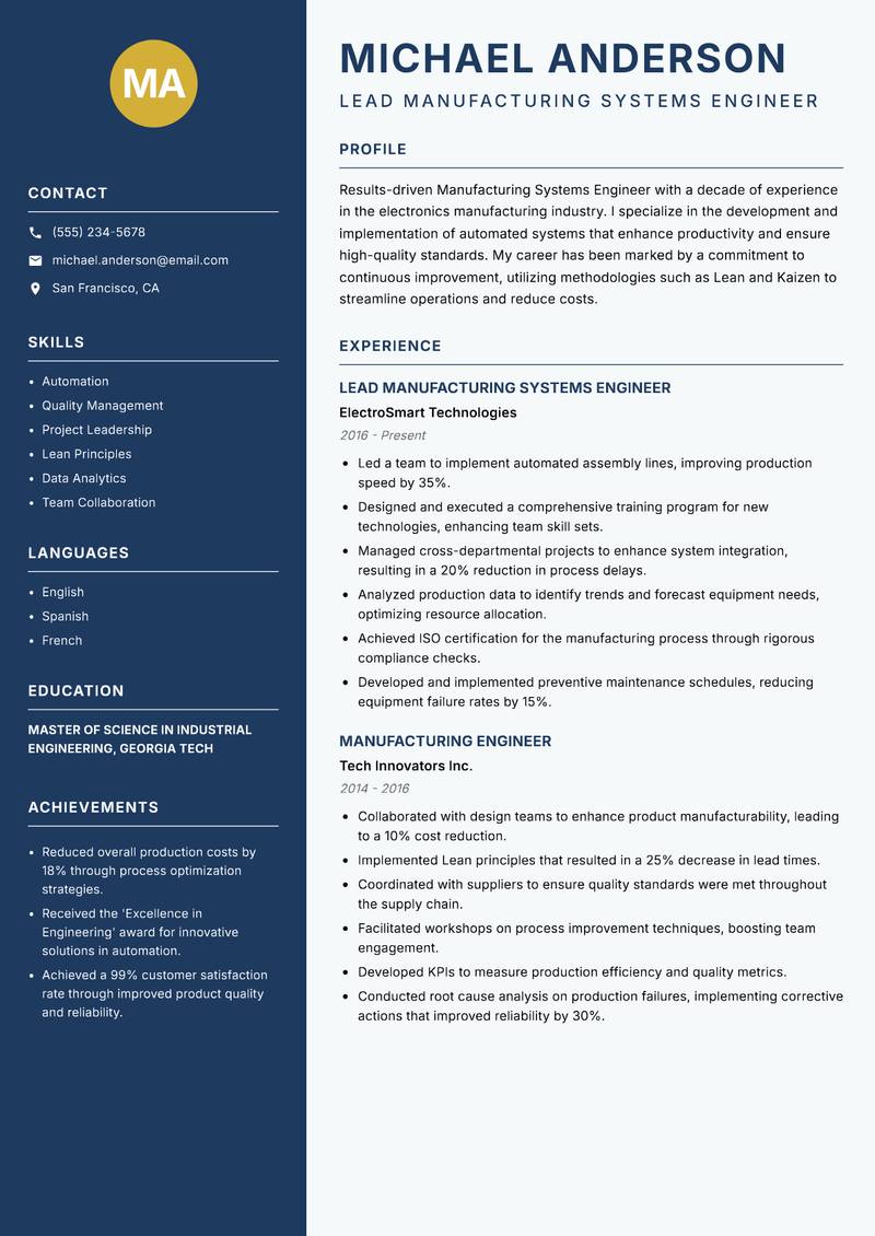 Manufacturing Systems Engineer resume template — Classic Clean