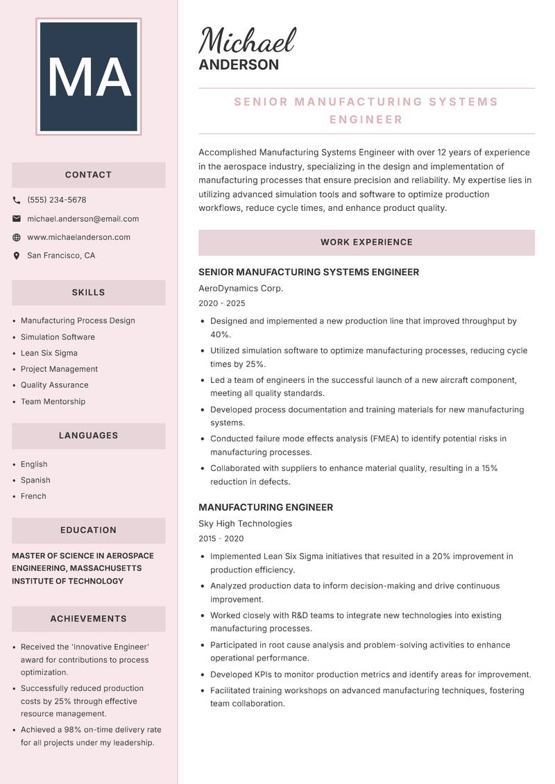 Manufacturing Systems Engineer resume template — Executive
