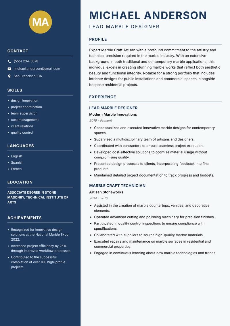 Marble Craft Artisan resume template — Classic Clean