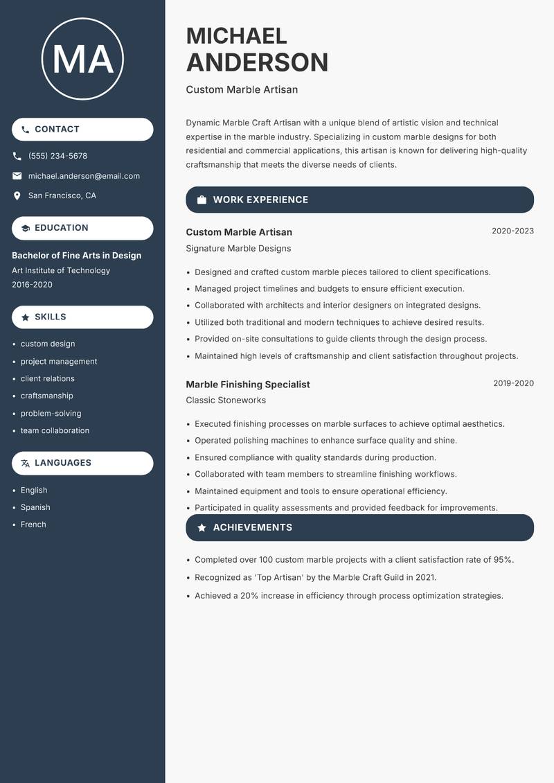 Marble Craft Artisan resume template — Compact