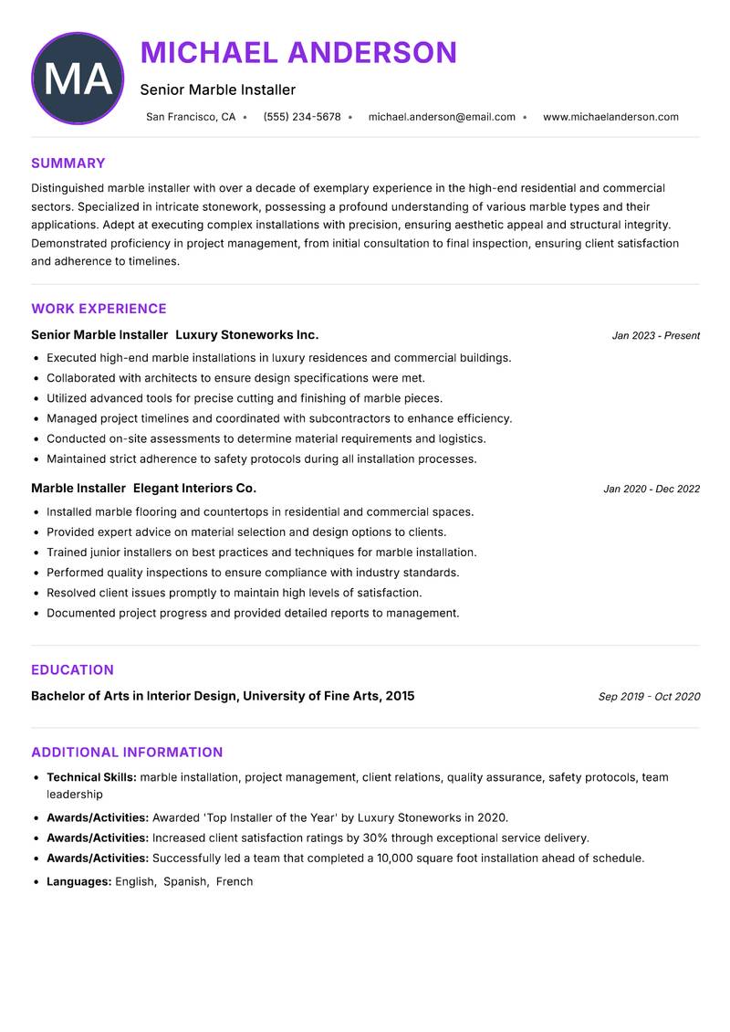 Marble Installer resume example — ATS-friendly template