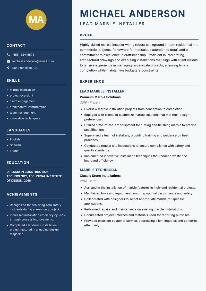 Marble Installer resume template — Classic Clean