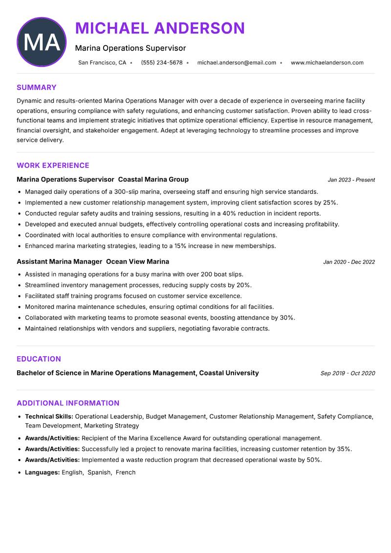 Marina Operations Manager resume example — ATS-friendly template