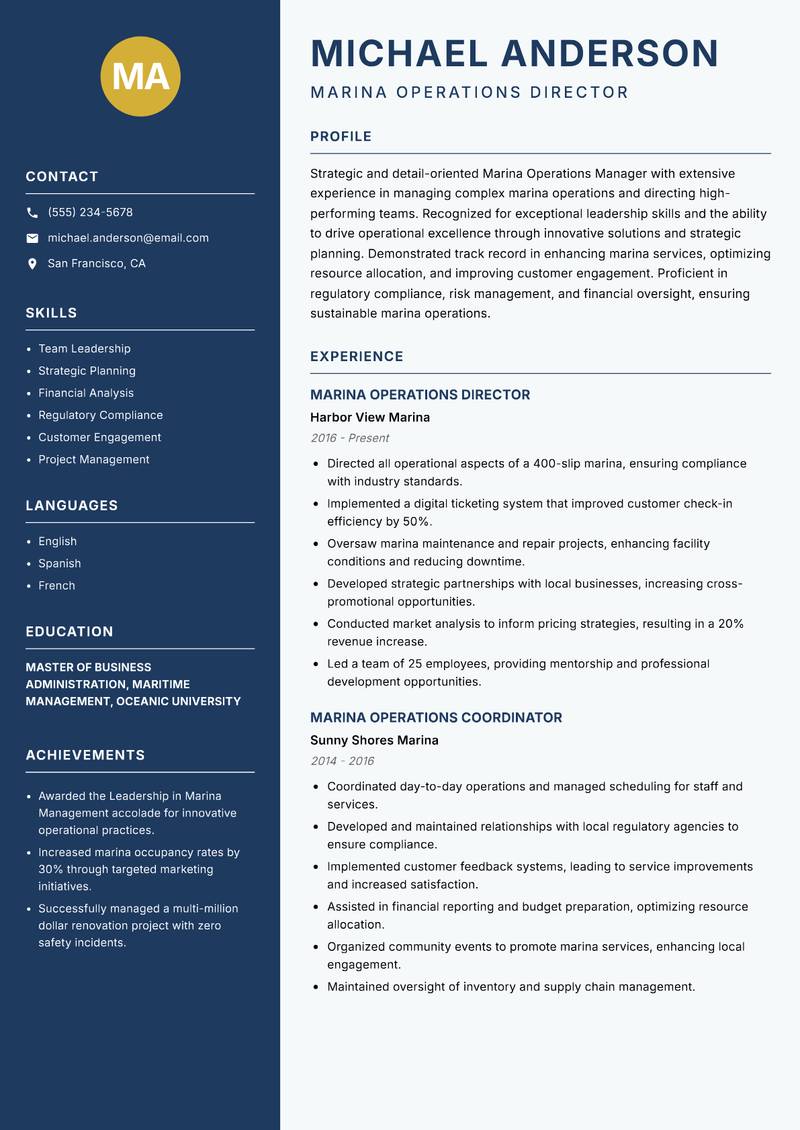 Marina Operations Manager resume template — Classic Clean