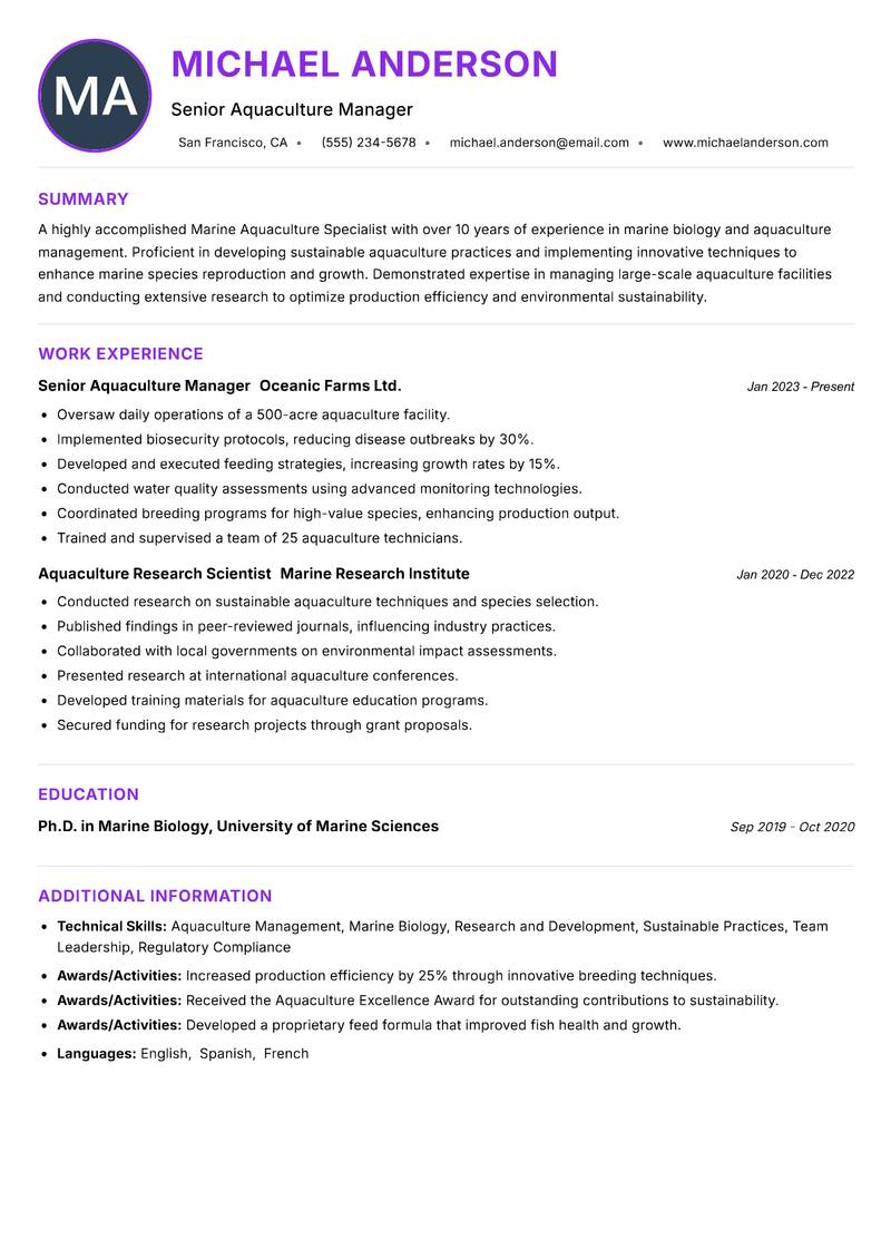 Marine Aquaculture Specialist resume example — ATS-friendly template