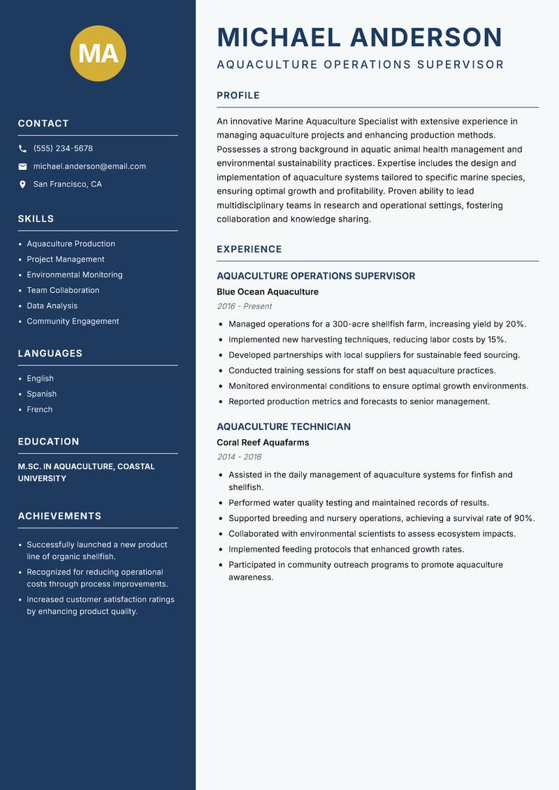 Marine Aquaculture Specialist resume template — Classic Clean