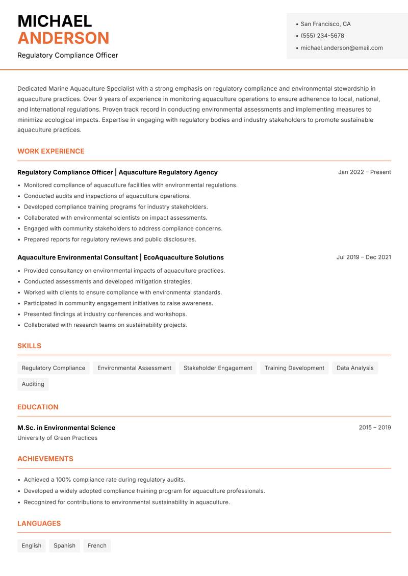 Marine Aquaculture Specialist resume template — Modern Professional
