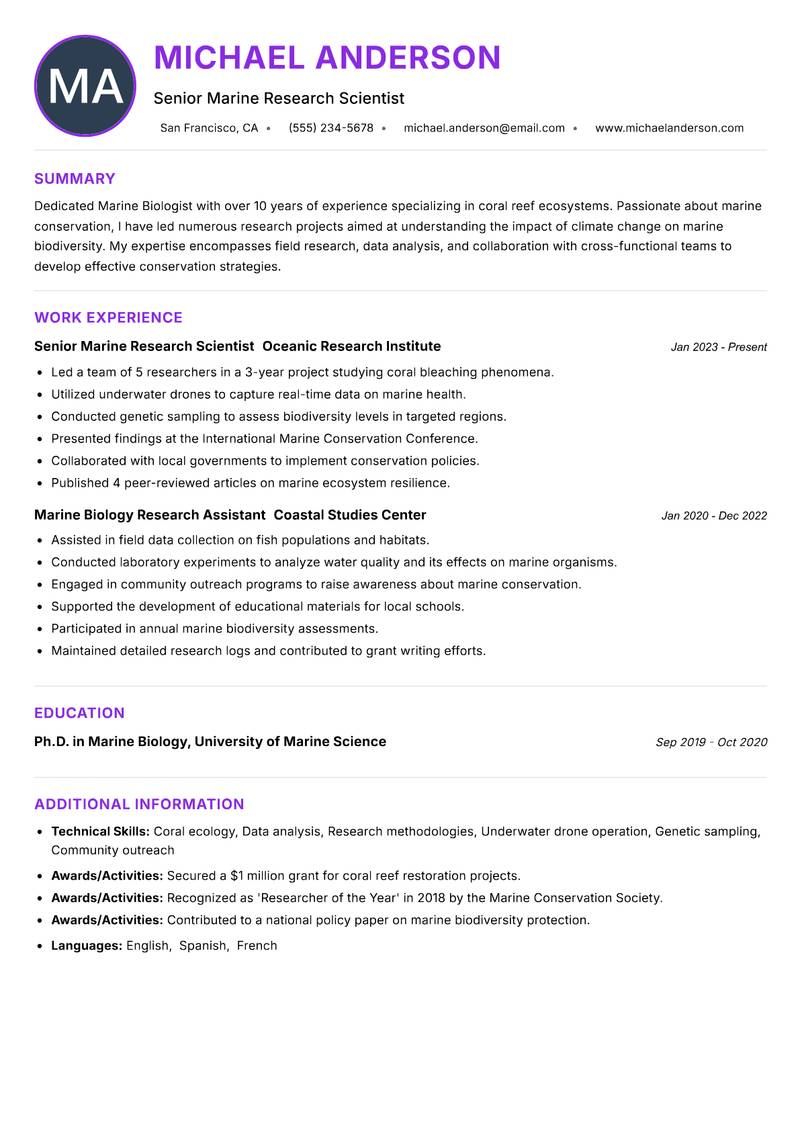 Marine Biologist resume example — ATS-friendly template