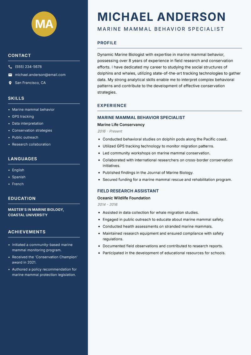 Marine Biologist resume template — Classic Clean