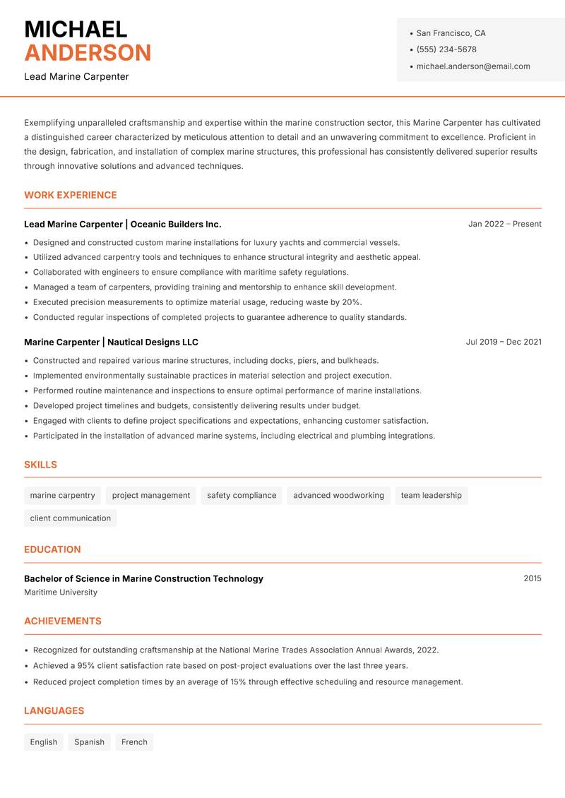 Marine Carpenter resume template — Modern Professional