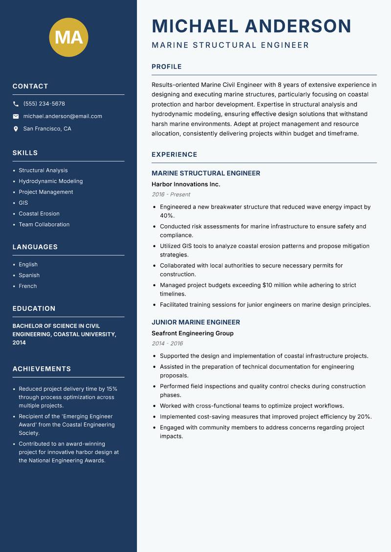 Marine Civil Engineer resume template — Classic Clean