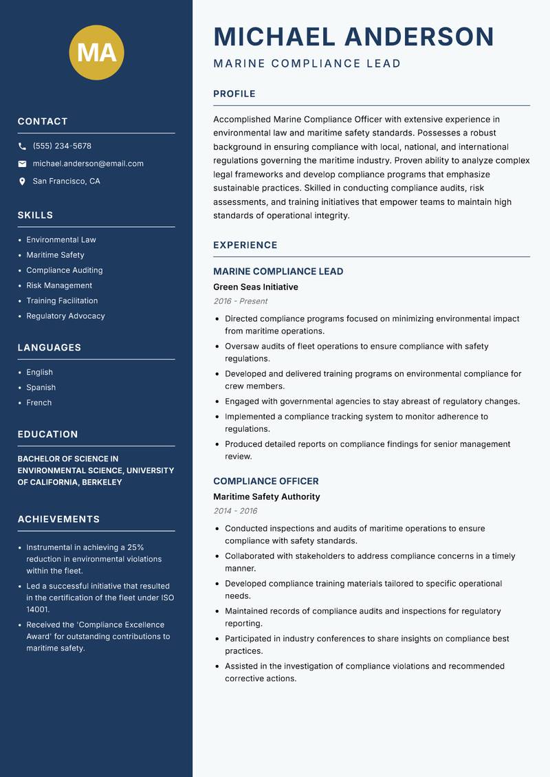 Marine Compliance Officer resume template — Classic Clean