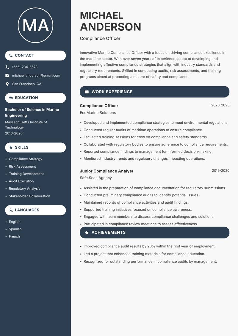 Marine Compliance Officer resume template — Compact