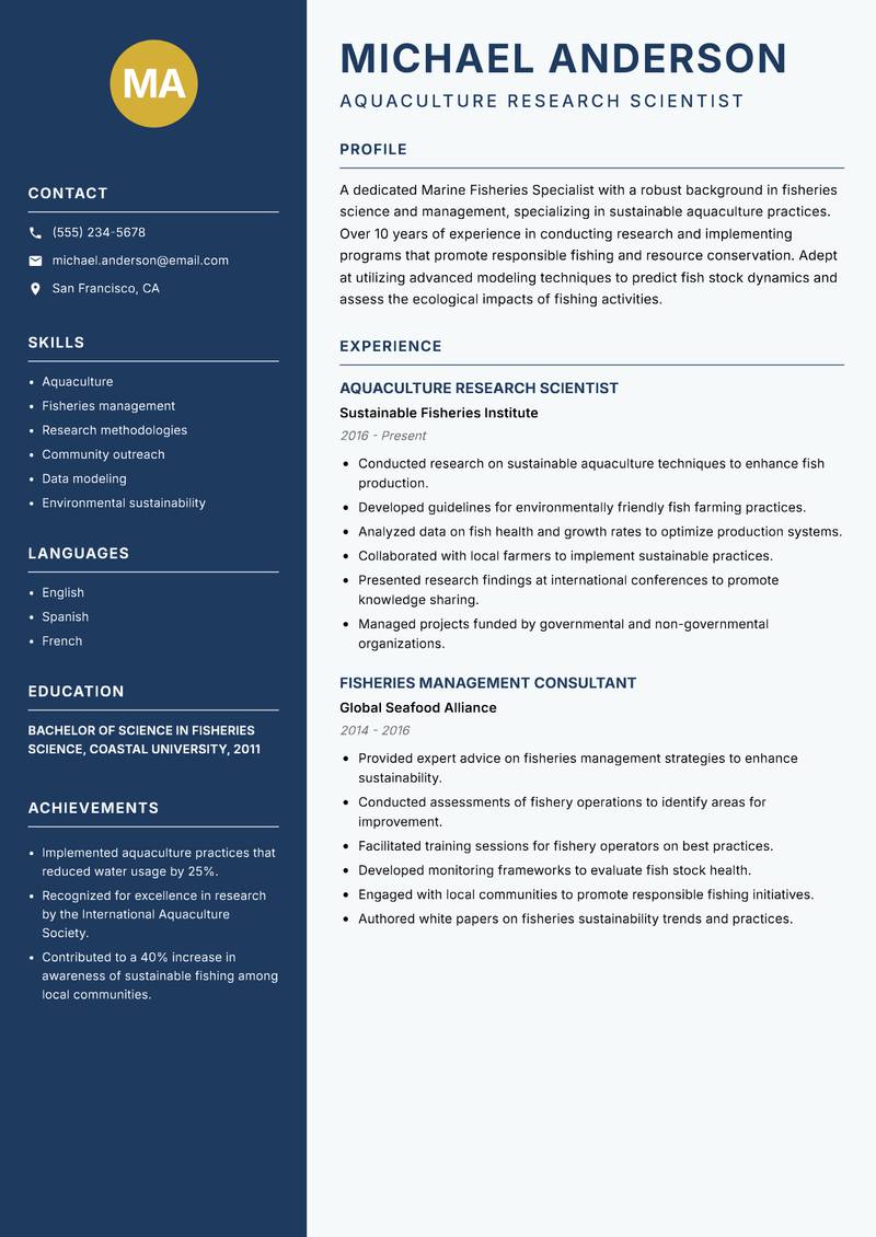 Marine Fisheries Specialist resume template — Classic Clean