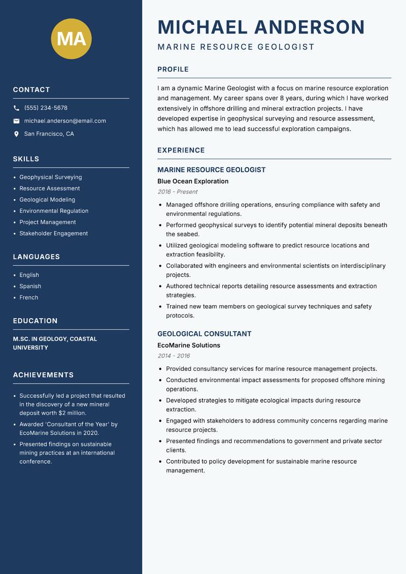 Marine Geologist resume template — Classic Clean