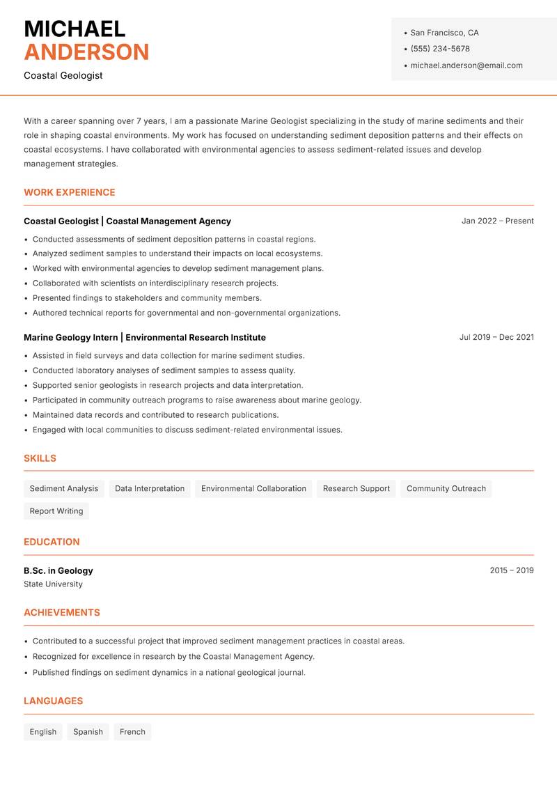 Marine Geologist resume template — Modern Professional