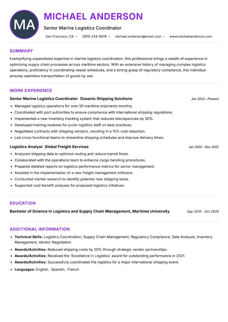 Marine Logistics Coordinator resume example — ATS-friendly template