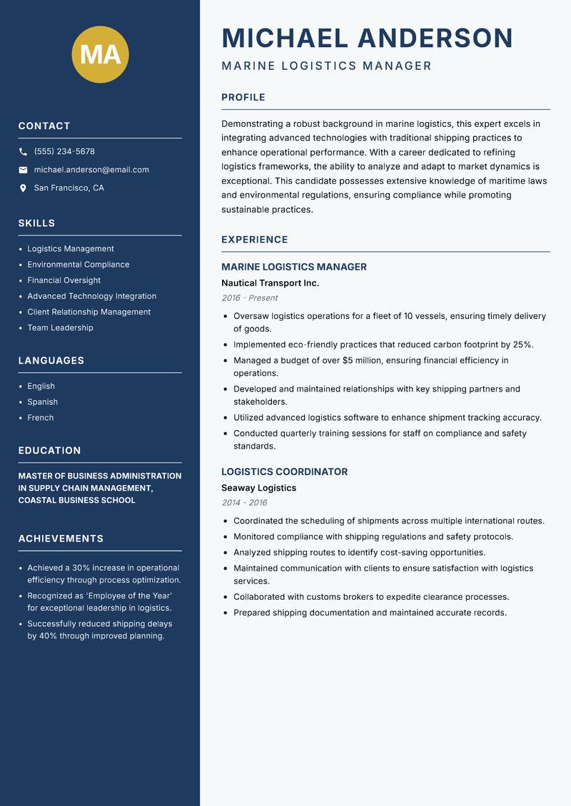 Marine Logistics Coordinator resume template — Classic Clean