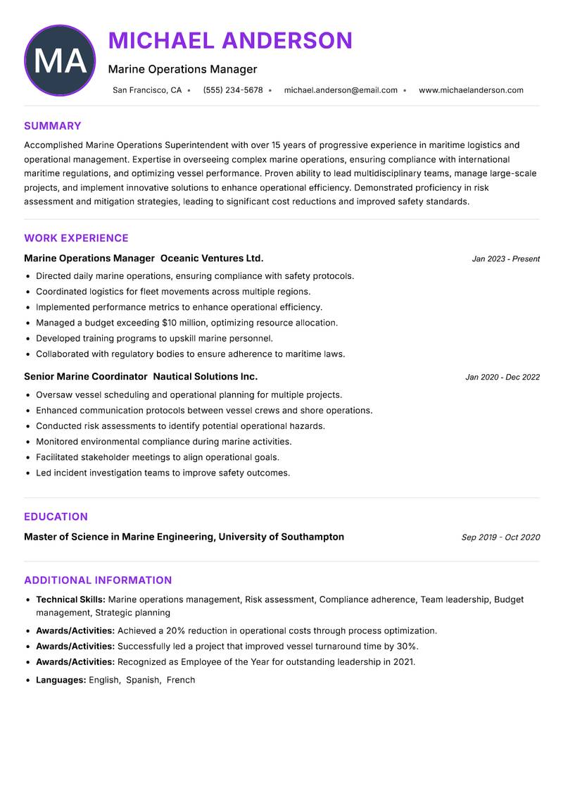 Marine Operations Superintendent resume example — ATS-friendly template
