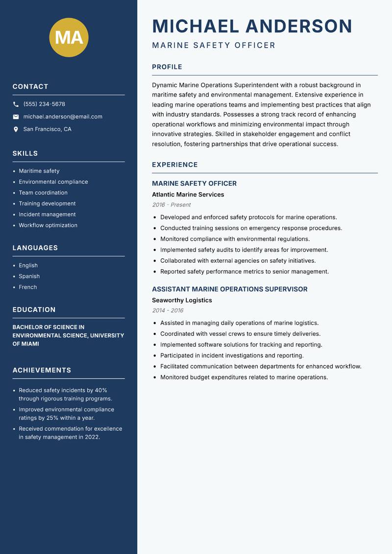 Marine Operations Superintendent resume template — Classic Clean