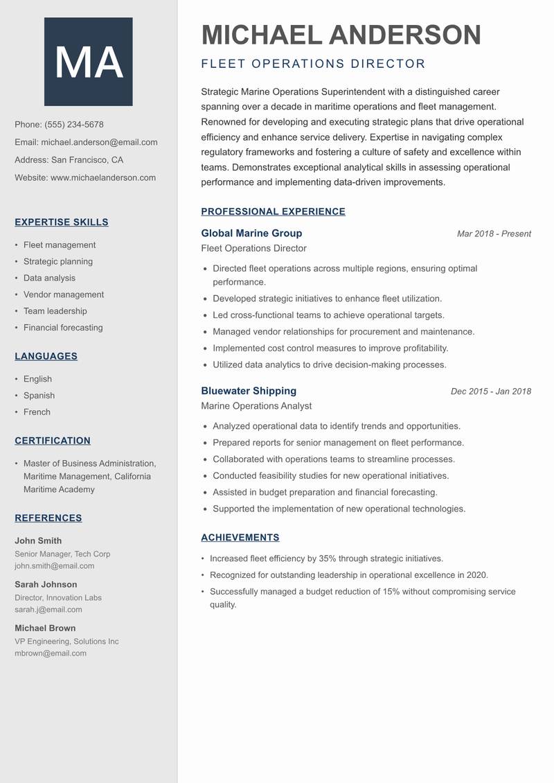 Marine Operations Superintendent resume template — Creative Minimal