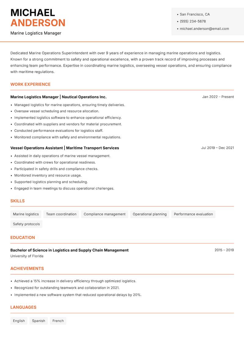 Marine Operations Superintendent resume template — Modern Professional