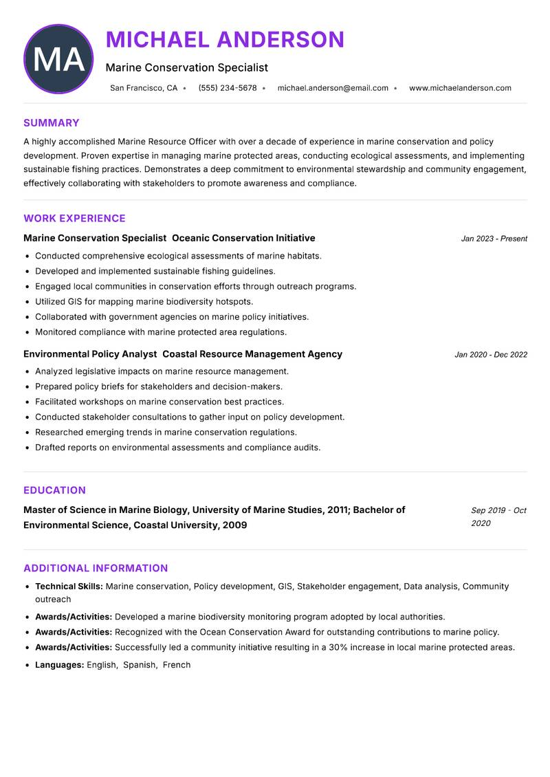 Marine Resource Officer resume example — ATS-friendly template