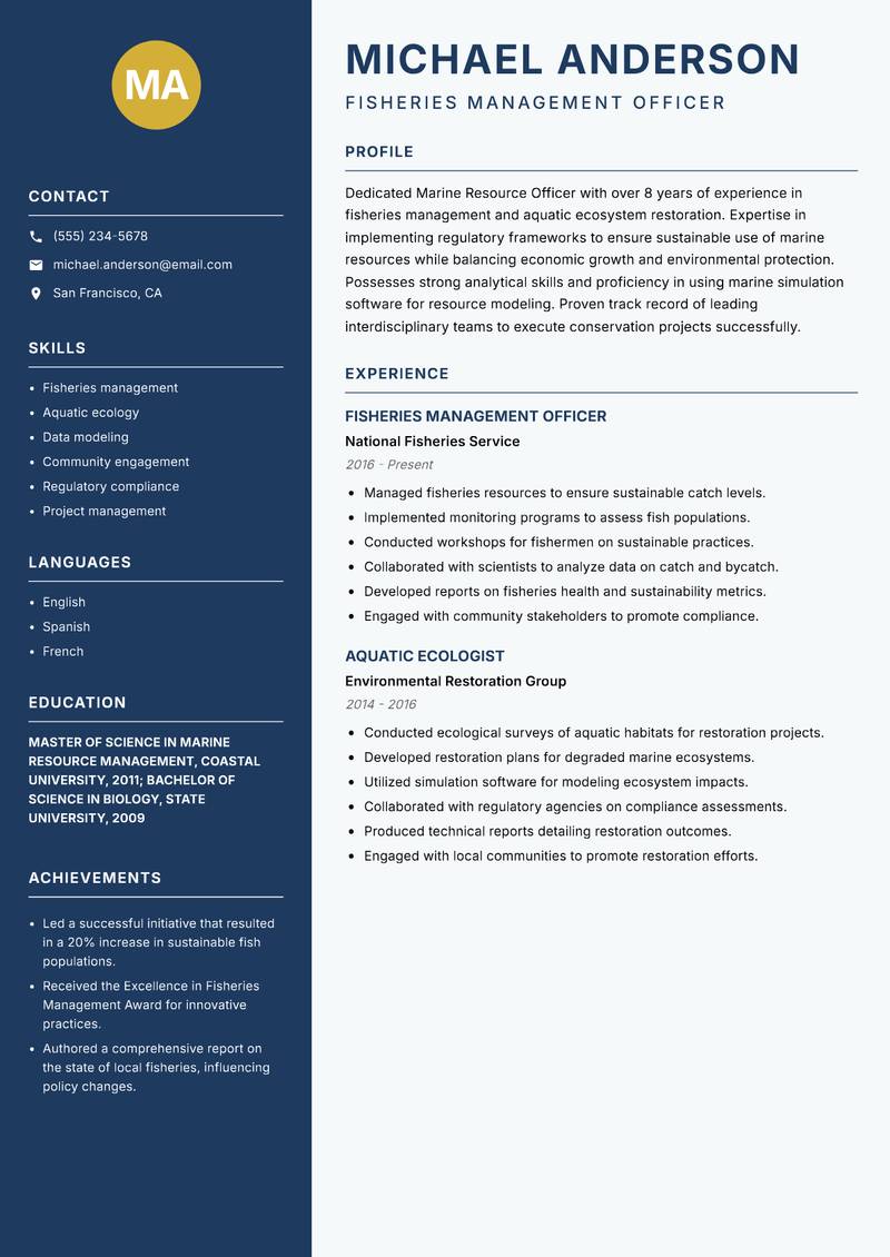Marine Resource Officer resume template — Classic Clean