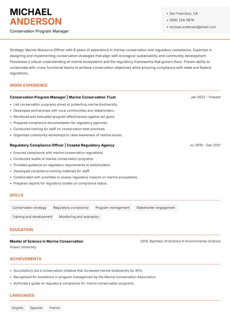 Marine Resource Officer resume template — Modern Professional