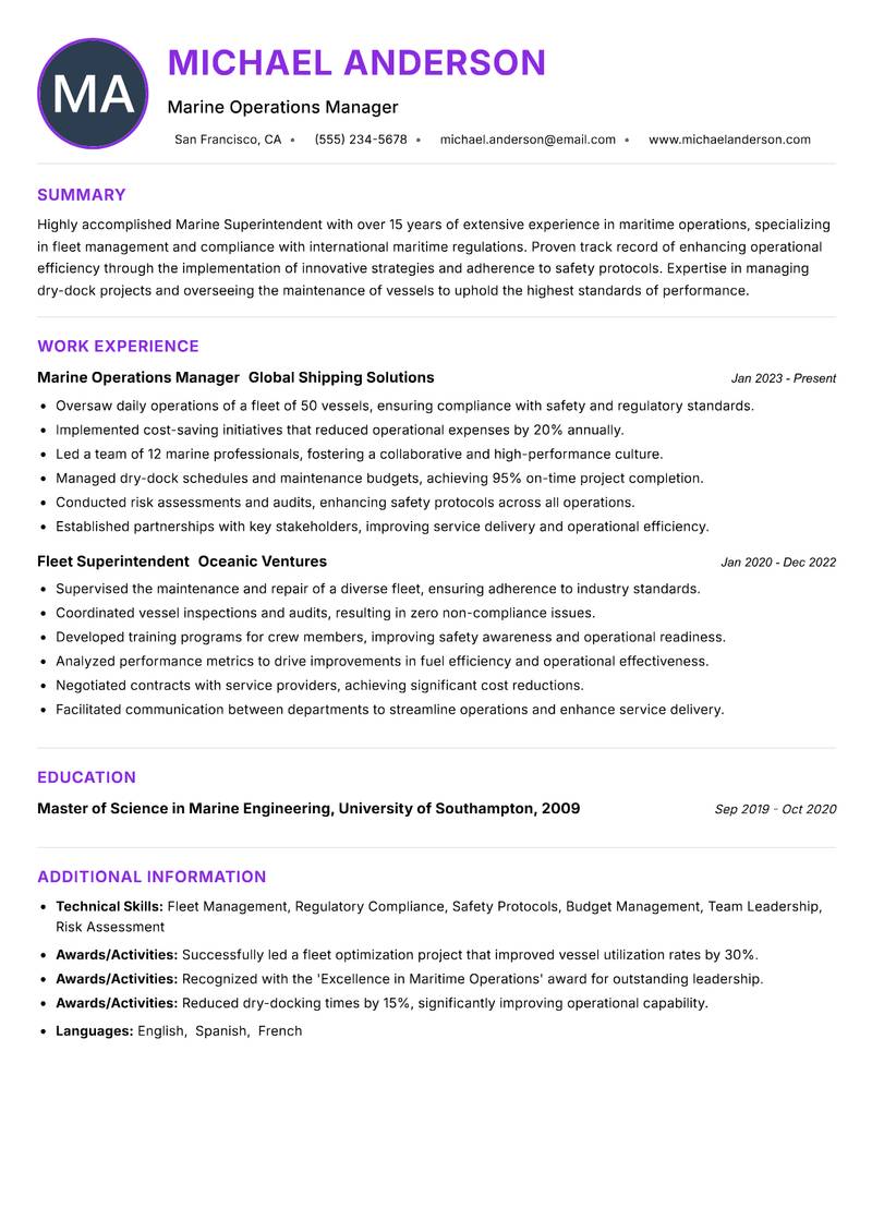 Marine Superintendent resume example — ATS-friendly template