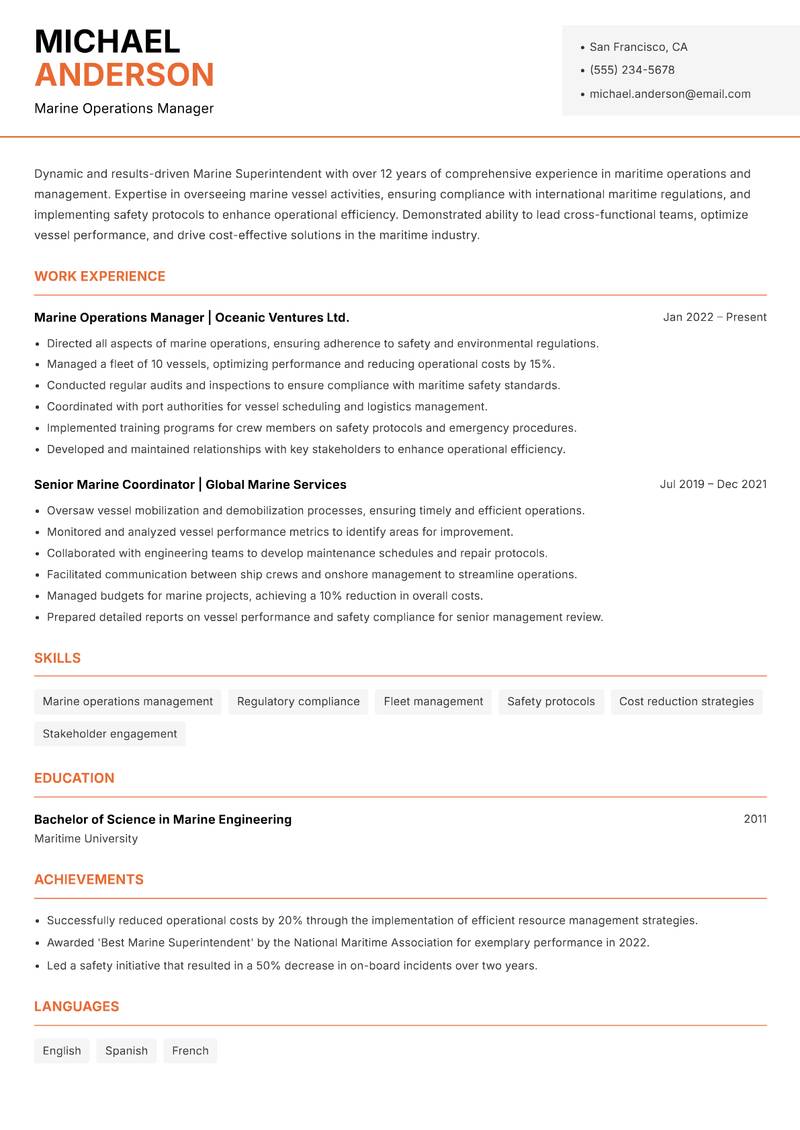 Marine Superintendent resume template — Modern Professional