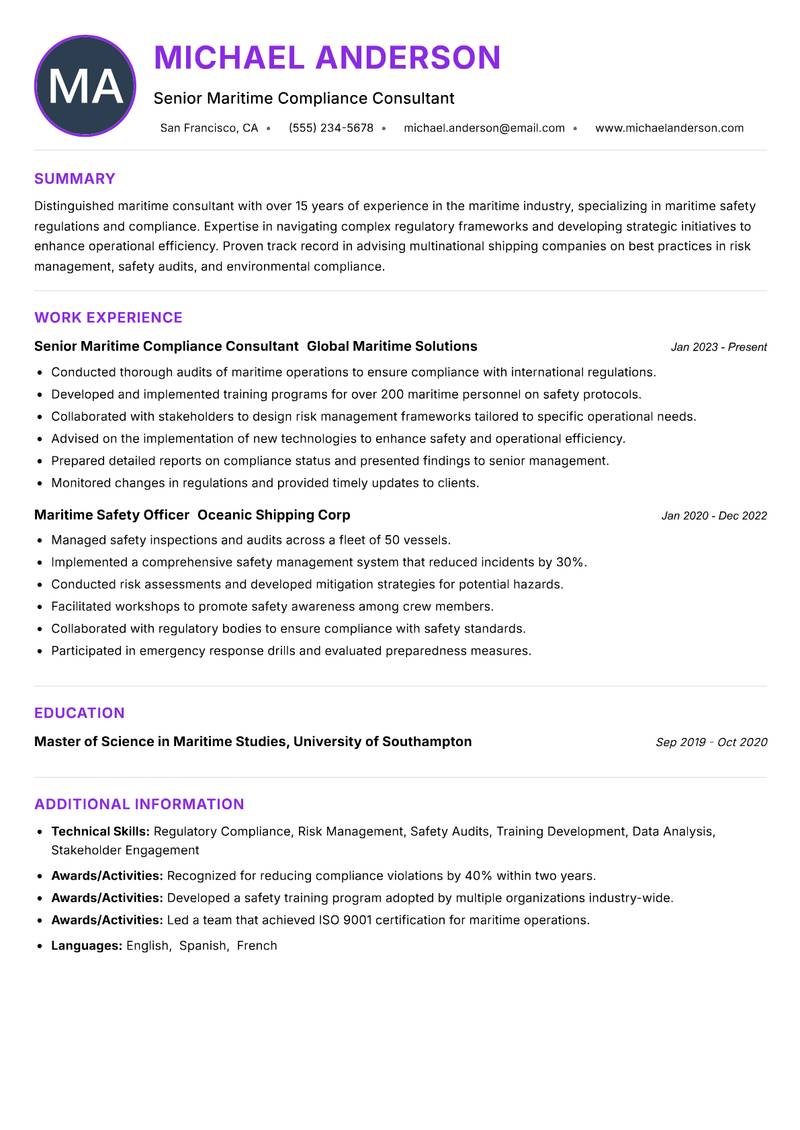 Maritime Consultant resume example — ATS-friendly template