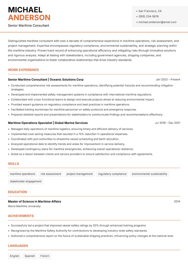 Maritime Consultant resume template — Modern Professional