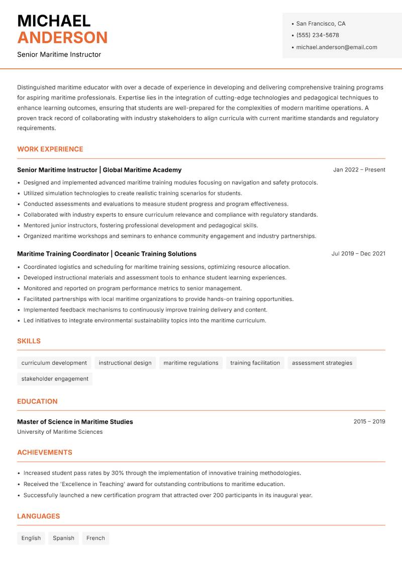 Maritime Educator resume template — Modern Professional