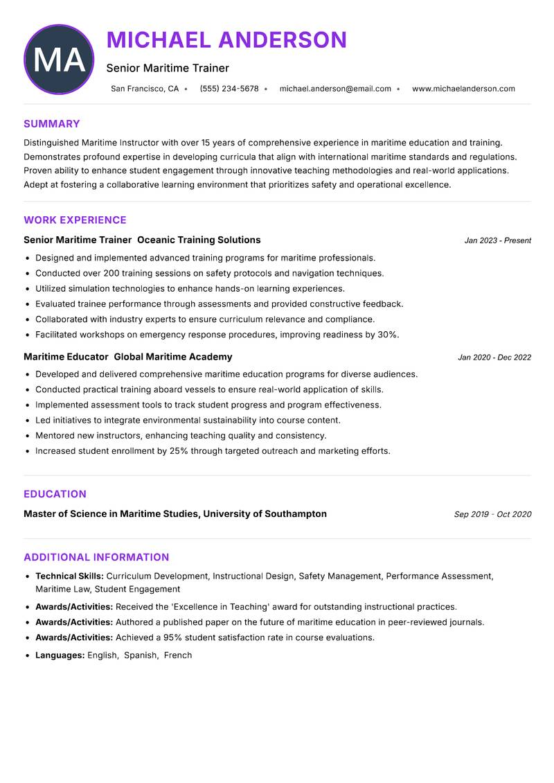 Maritime Instructor resume example — ATS-friendly template