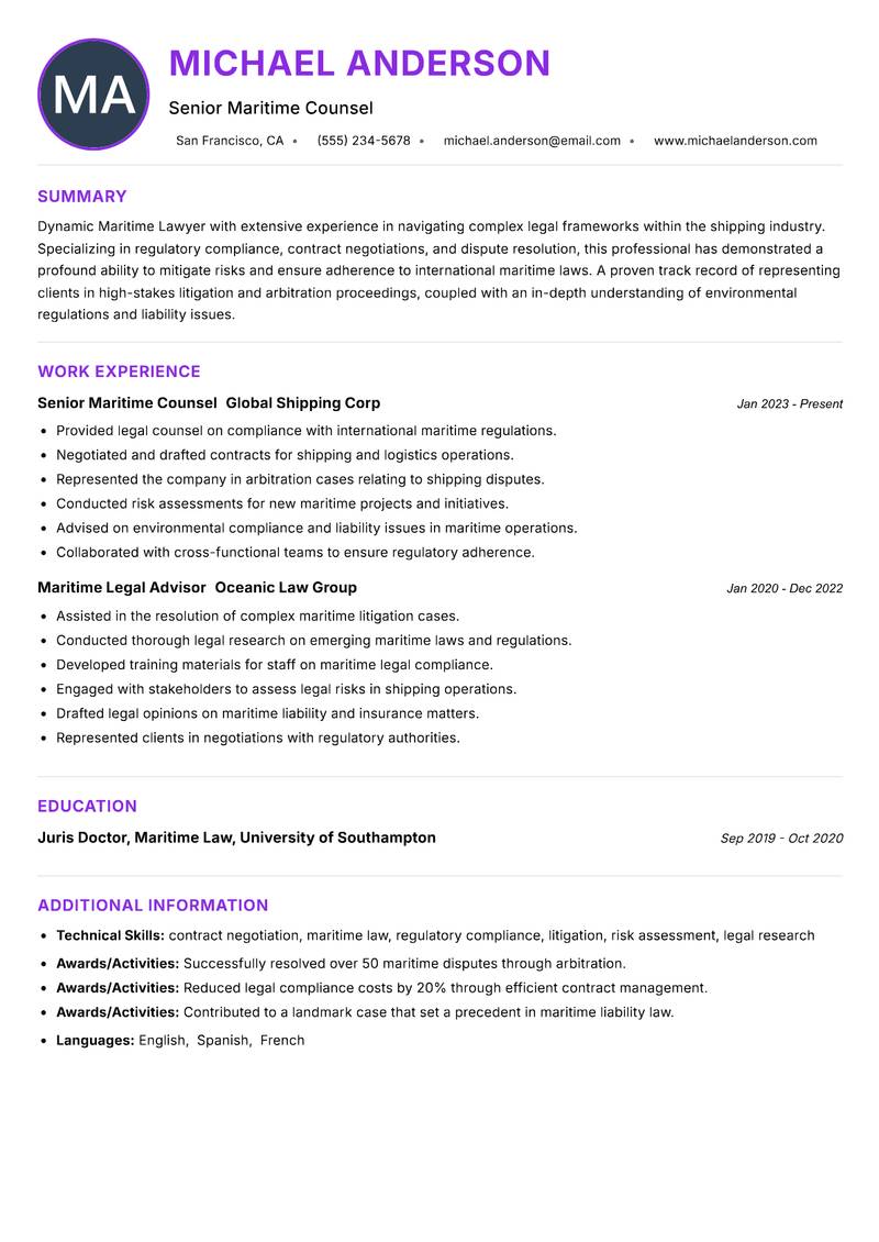 Maritime Lawyer resume example — ATS-friendly template