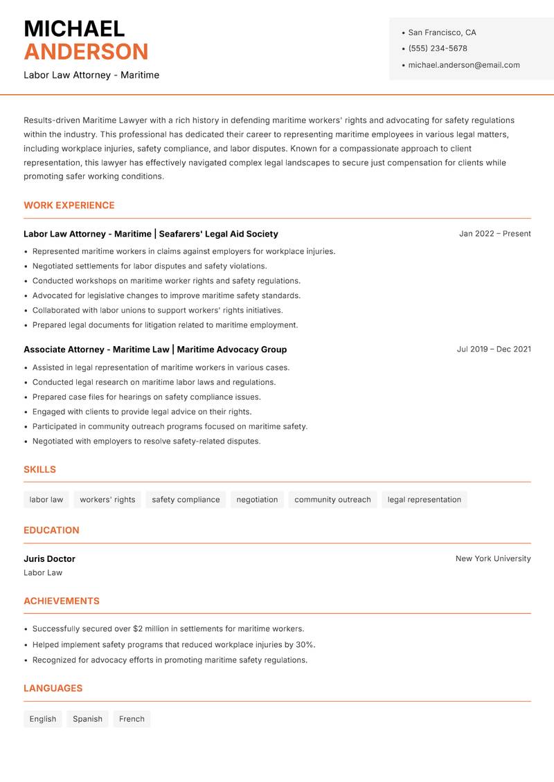 Maritime Lawyer resume template — Modern Professional