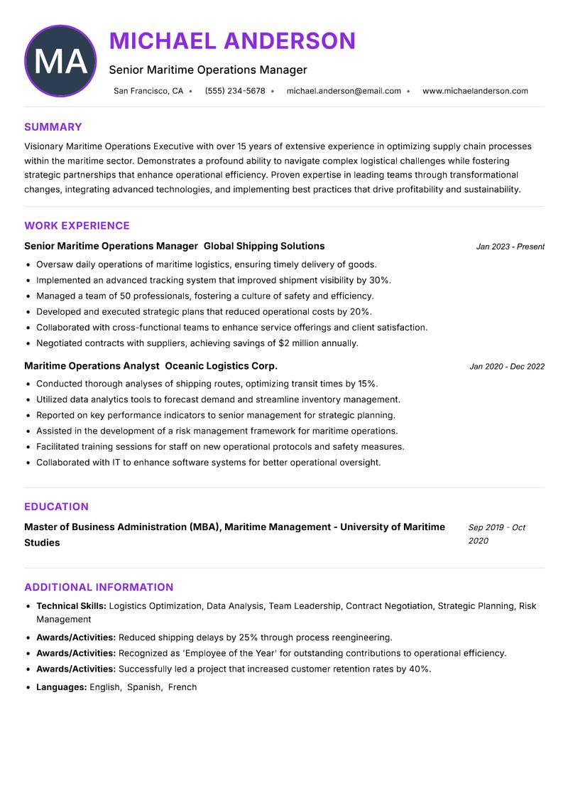 Maritime Operations Executive resume example — ATS-friendly template