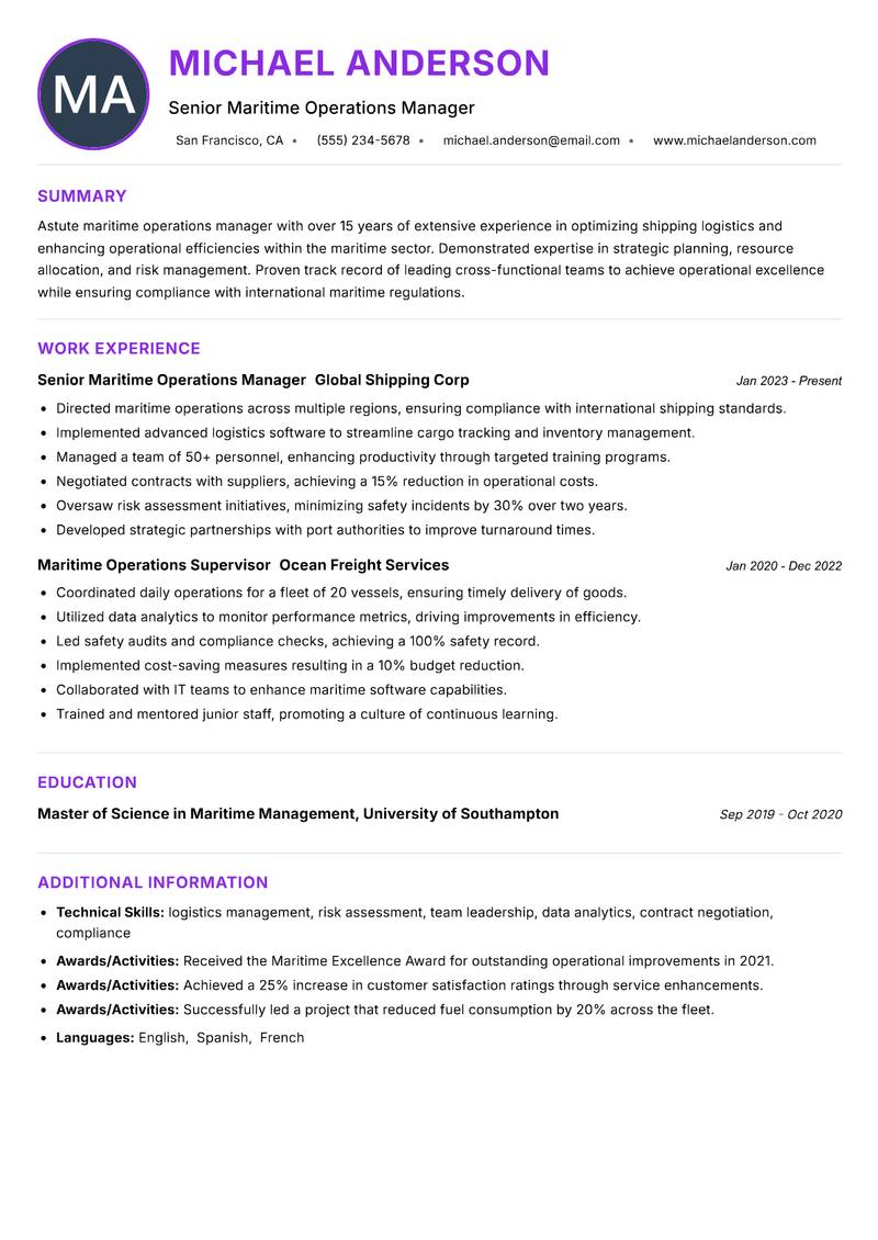 Maritime Operations Manager resume example — ATS-friendly template