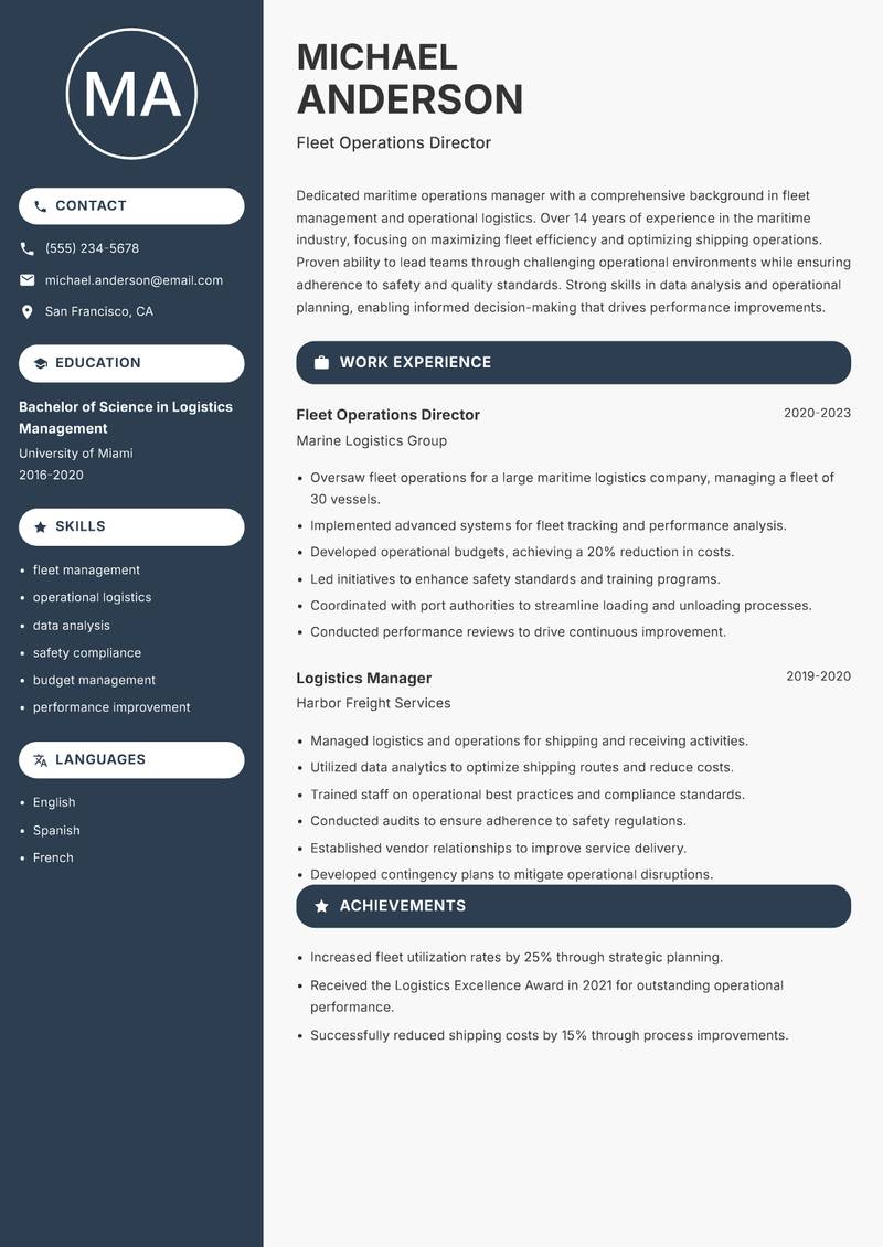 Maritime Operations Manager resume template — Compact
