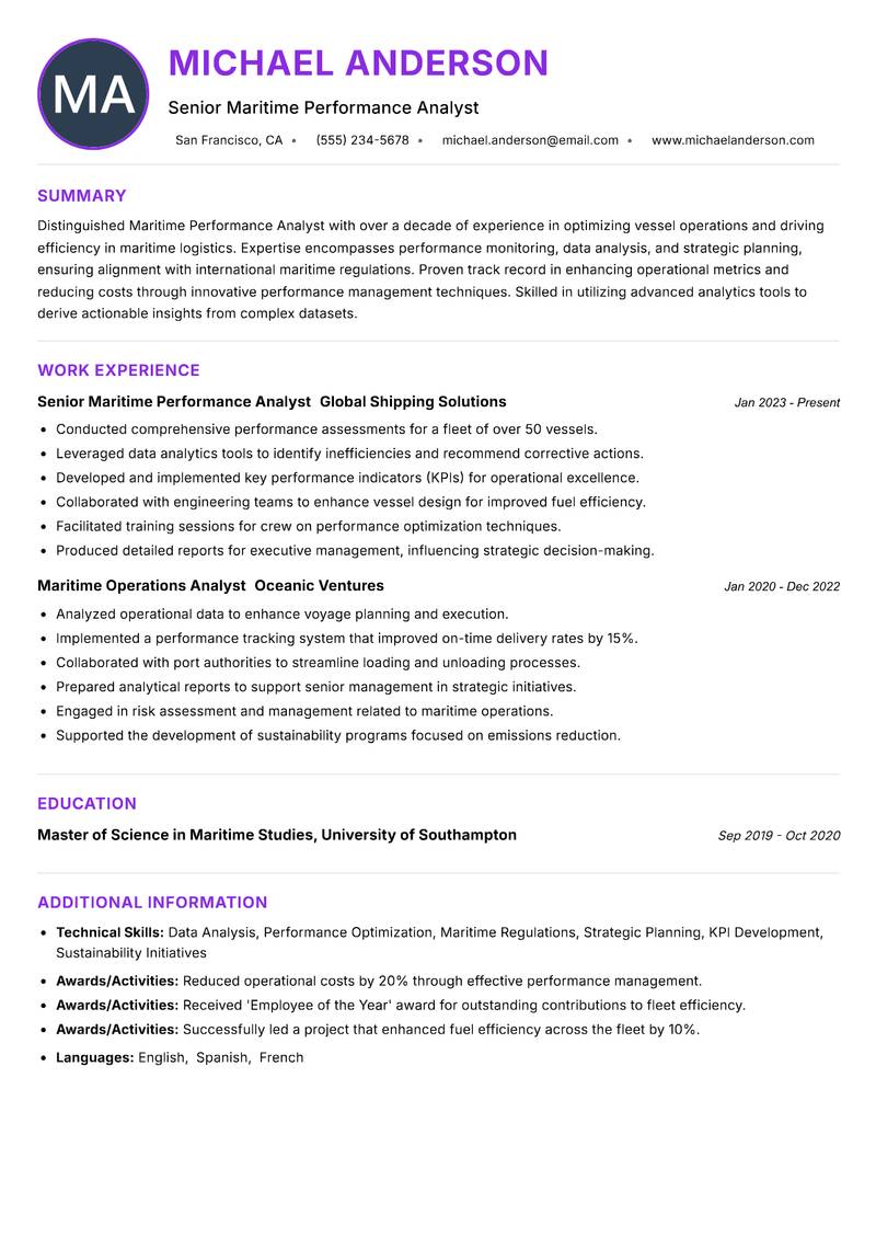 Maritime Performance Analyst resume example — ATS-friendly template