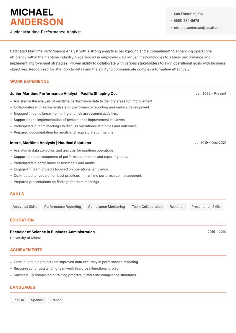 Maritime Performance Analyst resume template — Modern Professional