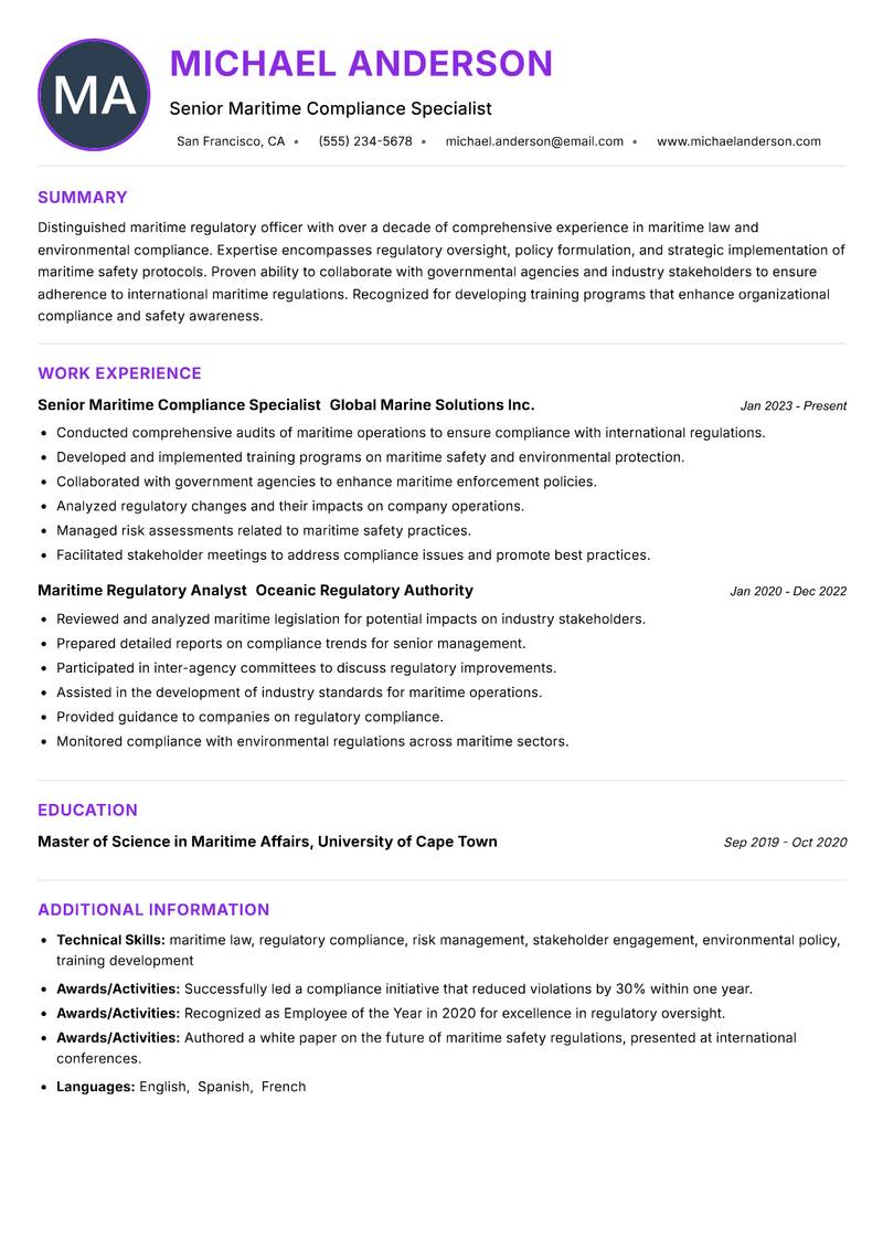 Maritime Regulatory Officer resume example — ATS-friendly template